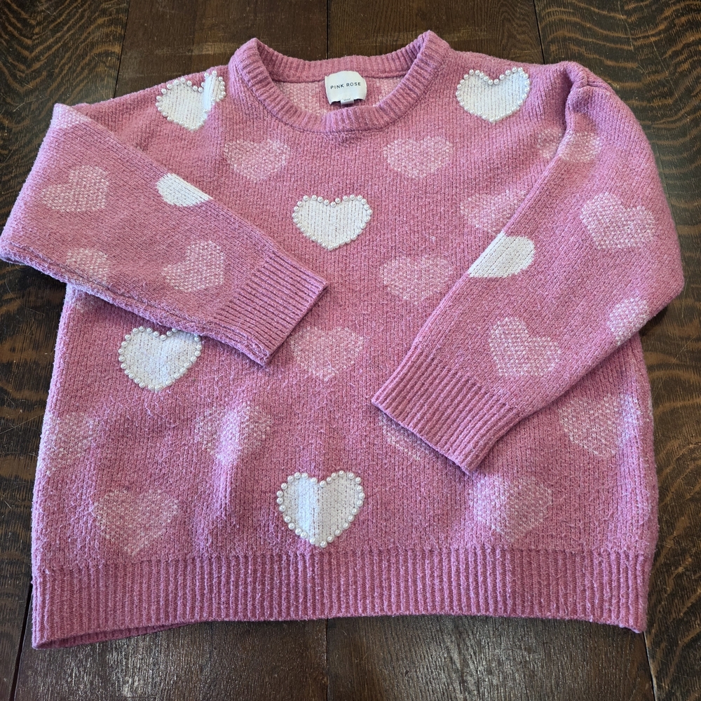 Pink‎ Rose Chenille Pink/White Hearts Beaded Accents Crewneck Sweater Sz XL